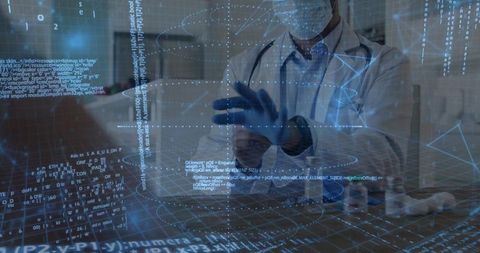 Male physician adjusting glove viewing AR holographic medical data on clinic desk