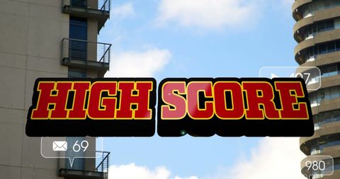 High Score Concept with Digital Interface Elements over Urban Skyline