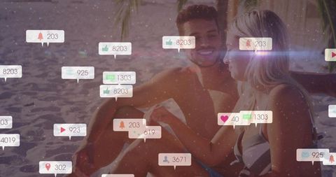 Couple Relaxing on Tropical Beach with Social Media Interaction Overlays