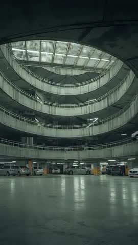 Vertical video rising through spiral parking ramp revealing skylight atrium and parked cars