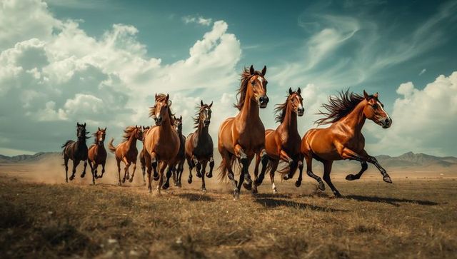 Dynamic Herd of Horses Galloping Through Vast Open Grassland