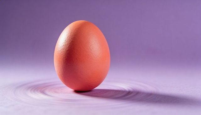 Minimal single brown egg standing on purple surface with concentric swirl ripples