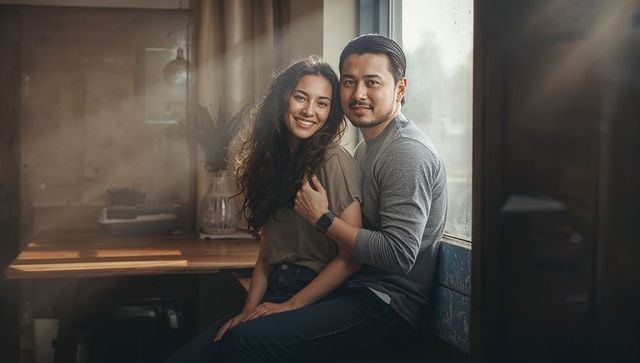 Smiling couple sitting on window sill in sunlit rustic room, cozy intimate moment