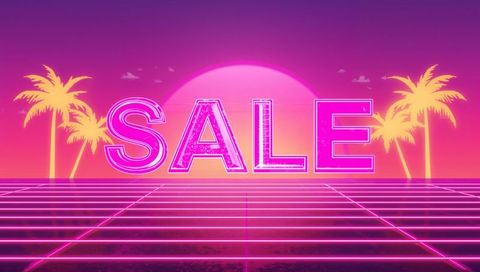 Neon sale sign on synthwave sunset grid with palm silhouettes and retro glow