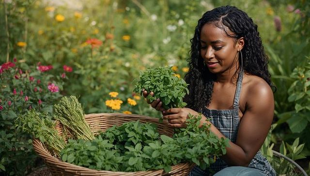 Woman harvesting fresh herbs in sunlit garden inspecting wicker basket sustainable living