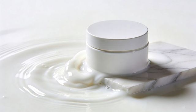Minimal white skincare jar on marble slab with creamy milk ripples for luxury beauty pack
