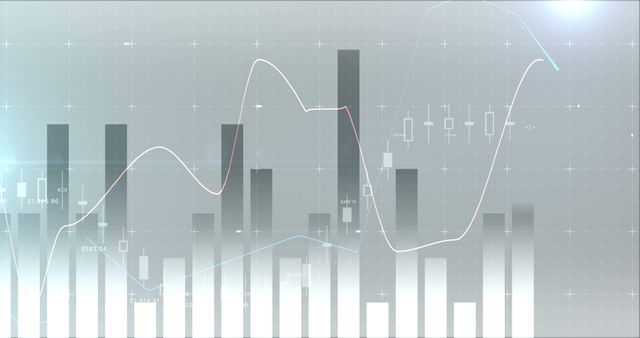 This image shows an abstract financial chart with statistical data, bars, and graph lines over a high-tech background. It can be used in business presentations, financial reports, investment analyses, or educational materials that focus on market trends and economic growth.
