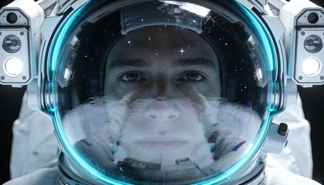 Close-up astronaut visor reflecting starfield and helmet lights, cyan glow
