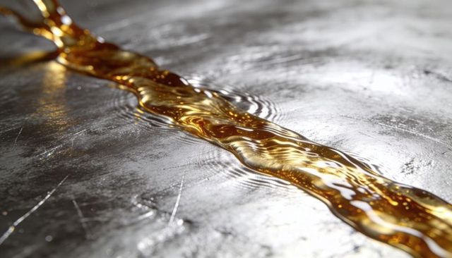Flowing golden liquid ribbon creating ripples on scratched metallic surface close-up