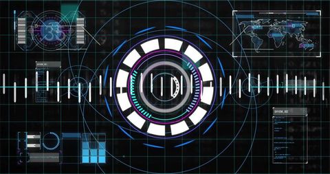 Futuristic HUD Dashboard with Concentric Radar, Waveform Tick Bar and Holographic World Map