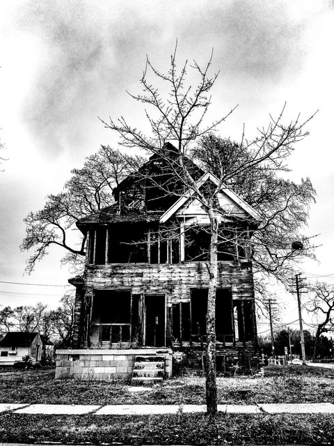 Black and white image shows an abandoned house with a leafless tree in front, evoking eerie, haunted, and spooky feelings. Ideal for use in designs related to horror stories, historical ruins, haunted houses, or illustrating themes of decay and abandonment.