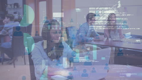 Woman Analyzing Data with Technology Interface Overlay