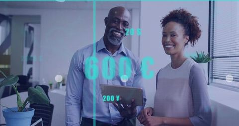 Business Professionals Analyzing Tablet with Digital Interface in Modern Office