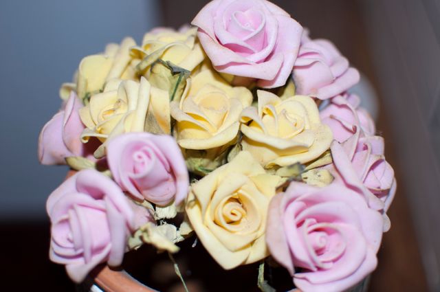 This image captures a close-up of a bouquet of yellow and pink roses in soft light. It can be used for romantic greeting cards, wedding invitations, floral arrangements advertisements, or any other project that seeks to highlight the beauty and elegance of these flowers.