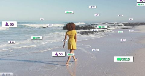Woman Walking on Tranquil Beach with Social Media Icons