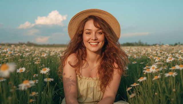 Smiling Woman Enjoying Day in Vibrant Daisy Meadow Under Blue Sky