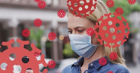 Woman Wearing Face Mask with Digital Covid-19 Graphics Overlay