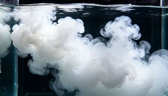 Abstract white ink swirling in water forming billowing cloud in glass tank studio macro