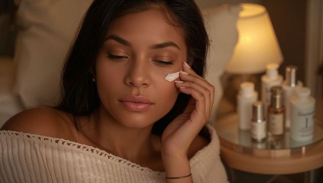Applying night cream for radiant glow, woman in off-shoulder sweater by bedside lamp