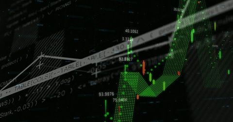 Green dotted arrow rising across digital trading chart with candlesticks and code overlay