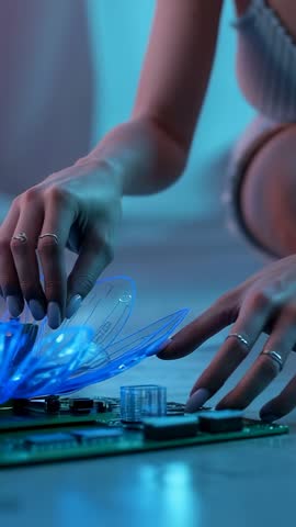 Leaning woman placing LED petals on circuit board forming glowing bloom | Vertical tech video