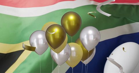 South African Flag with Balloons and Confetti for Rugby Celebration