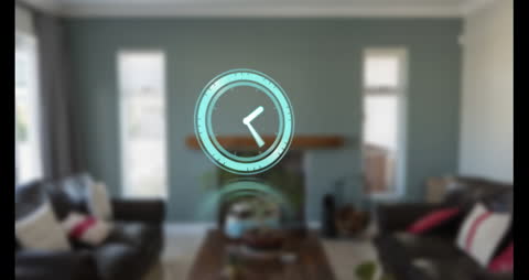 Digital Interface Clock Animation in Modern Living Room