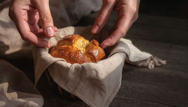 Hands arranging linen-wrapped braided brioche roll in basket on rustic wooden table