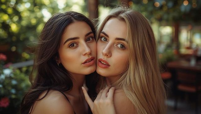 Close Friendship Moments in Lush Garden Cafe