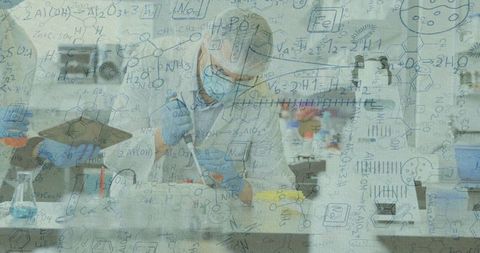 Scientific innovation in laboratory environment overlayed with chemical formulas