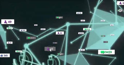 Teal node network in digital cyberspace grid with social media elements