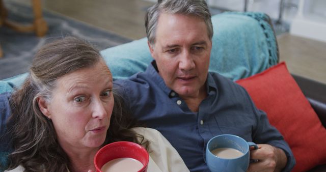 Senior caucasian couple sitting on couch in living room drinking coffee and talking. retirement lifestyle together at home.