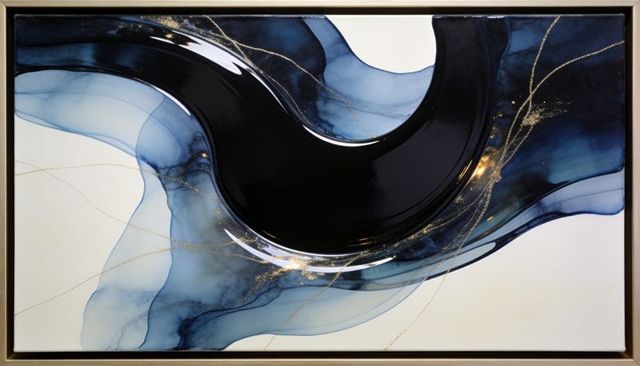 Lacquered navy crescent with gold vein accents abstract resin wall art