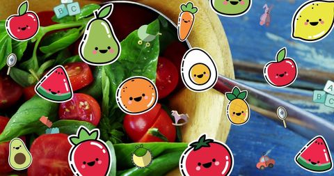 Fresh Salad and Hand-Drawn Sticker Fruits Background