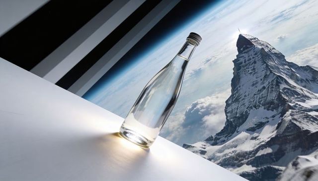 Clear glass bottle casting diagonal shadow over snowy alpine peak with minimal composition