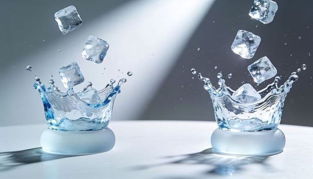 Twin water crowns splashing with falling ice cubes and crystal droplets on frosted bases