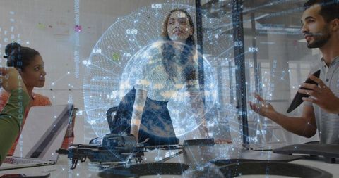 Collaborative Team Discussing Futuristic Holographic Technology