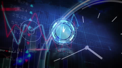Futuristic Digital Interface with Clock and Financial Data Graphics