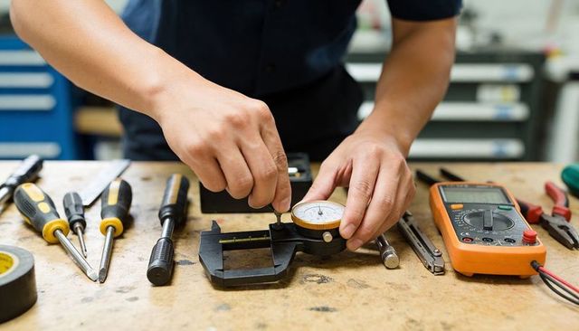 Hands measuring metal part with dial caliper on workshop bench for precision work