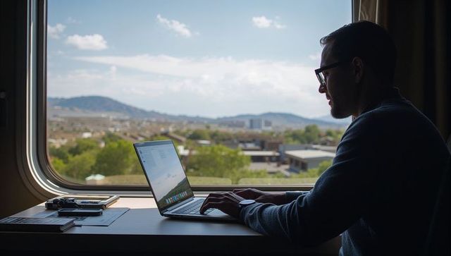 Backlit man working on laptop at window table with suburban landscape view, remote work travel