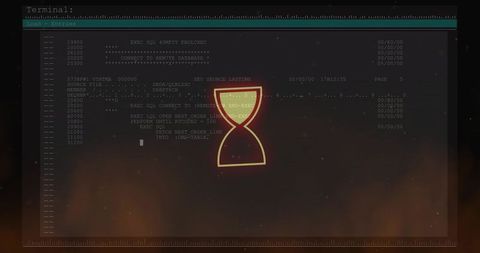 Glowing neon hourglass hovering over retro terminal code screen, futuristic loading