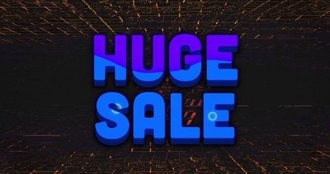 Huge sale 3d neon text with futuristic glitch grid and circuitry for retail promotion