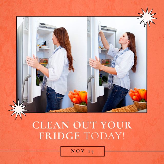 Square image of clean out fridge today text on orange, with smiling caucasian woman at open fridge. Awareness celebration, domestic life, health and cleanliness concept digitally generated image.