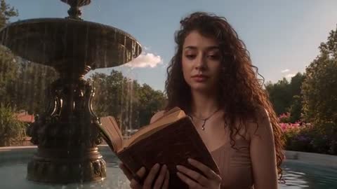 Curly-haired woman reading antique book and glancing at camera while sitting in fountain