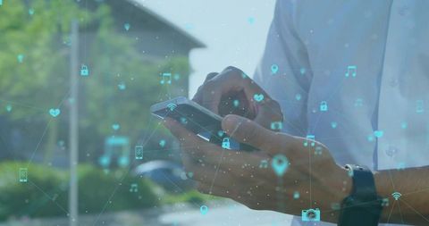Man tapping smartphone with augmented reality overlay showing connectivity icons