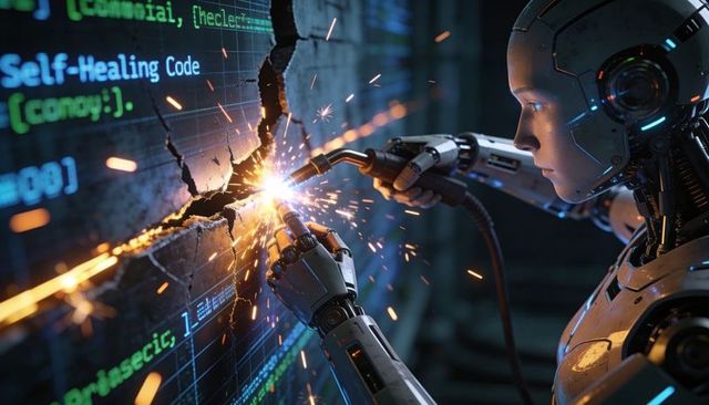 Female Android Welding Self-Healing Code Wall, Emitting Sparks During Futuristic Repair
