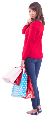 Festive Brunette Holding Gift Bags and Gesturing Silence Transparent Background