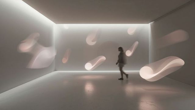 Walking silhouette in minimalist gallery with floating luminous installations, led glow