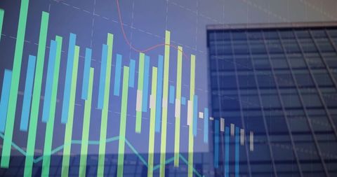 Digital graph and chart reflections on glass office building