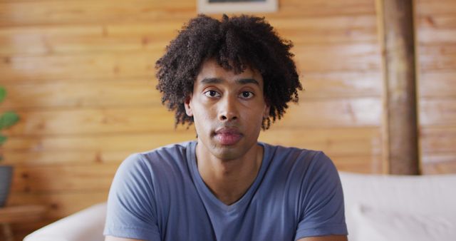 Thoughtful Young Man Sitting on Couch in Wooden House Interior - Download Free Stock Images Pikwizard.com